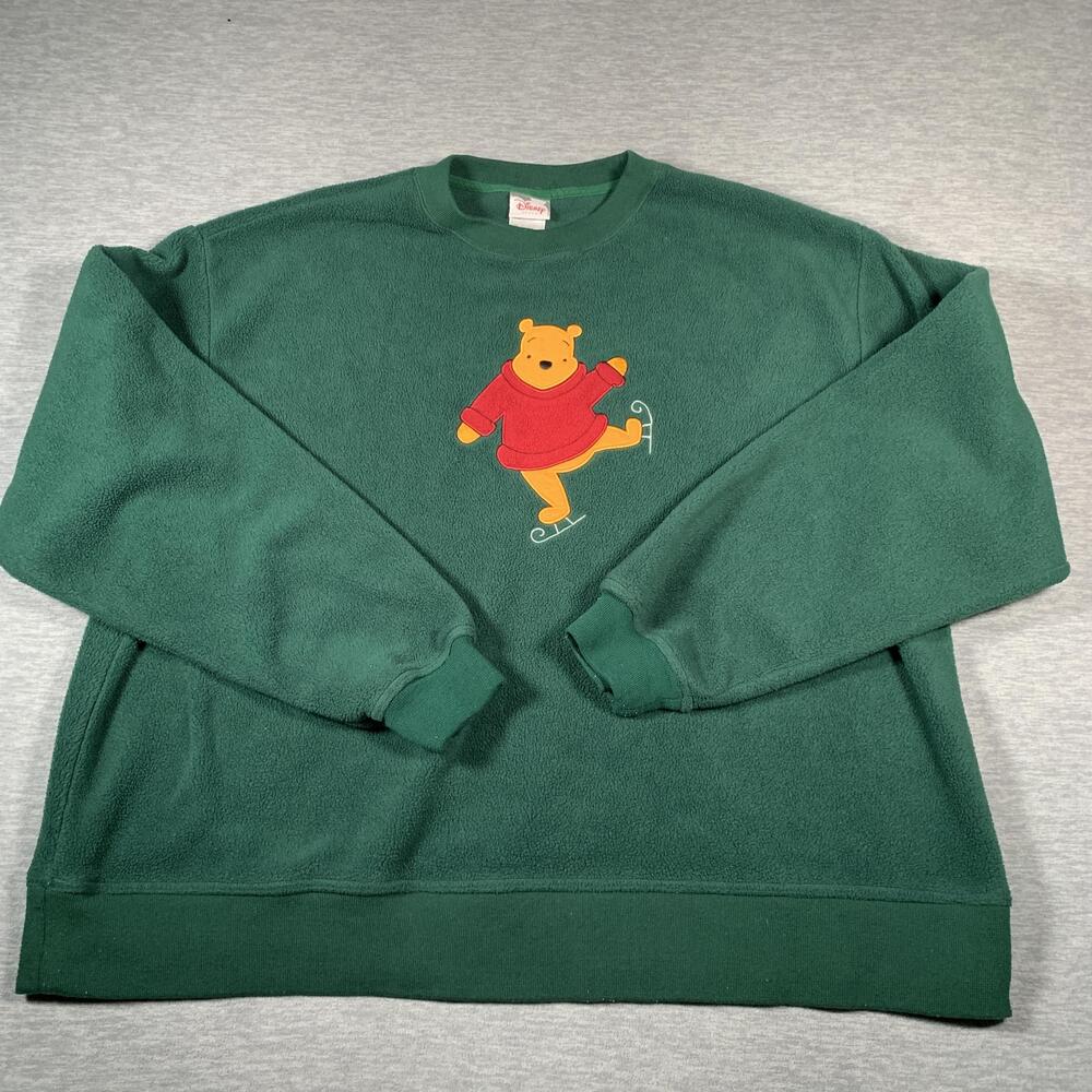 Disney Winnie the Pooh Sweatshirt Mens 2XL Green Fleece Crewneck Ice Skating